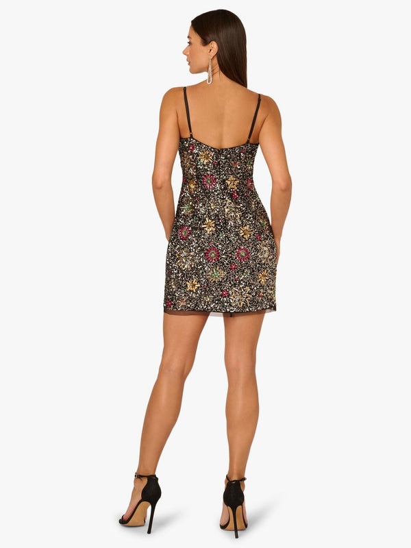V-Neck Mini/Short Sequin Cocktail Sheath/Column Adrianna Papell ADAE212554