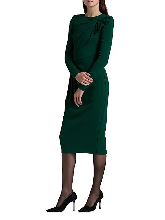 Dark Emerald Crew Neck Midi Jersey Cocktail Dress Ruched Detail Badgley Mischka SC4457