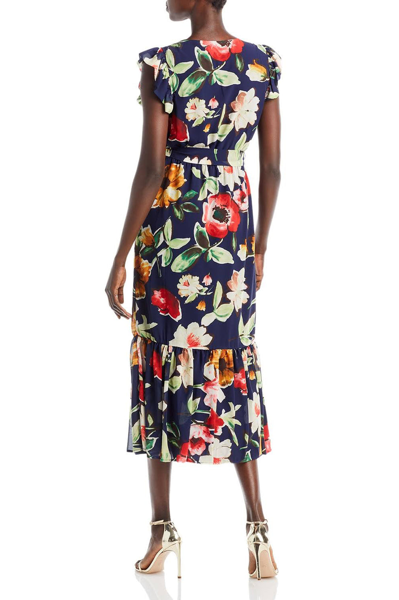 Cocktail Dresses Floral Print Ruffle Midi Cockatil Dress Navy Multi