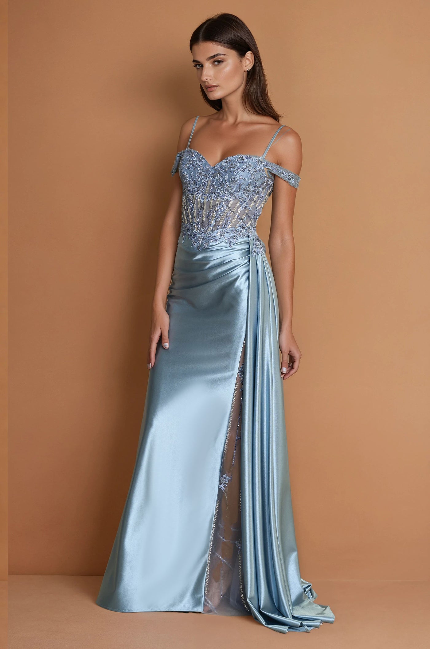Prom Dresses Long Corset Prom Dresss with Beaded Drape Slit Periwinkle
