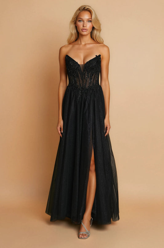 Prom Dresses Long Formal Beaded Corset Prom Dress Black