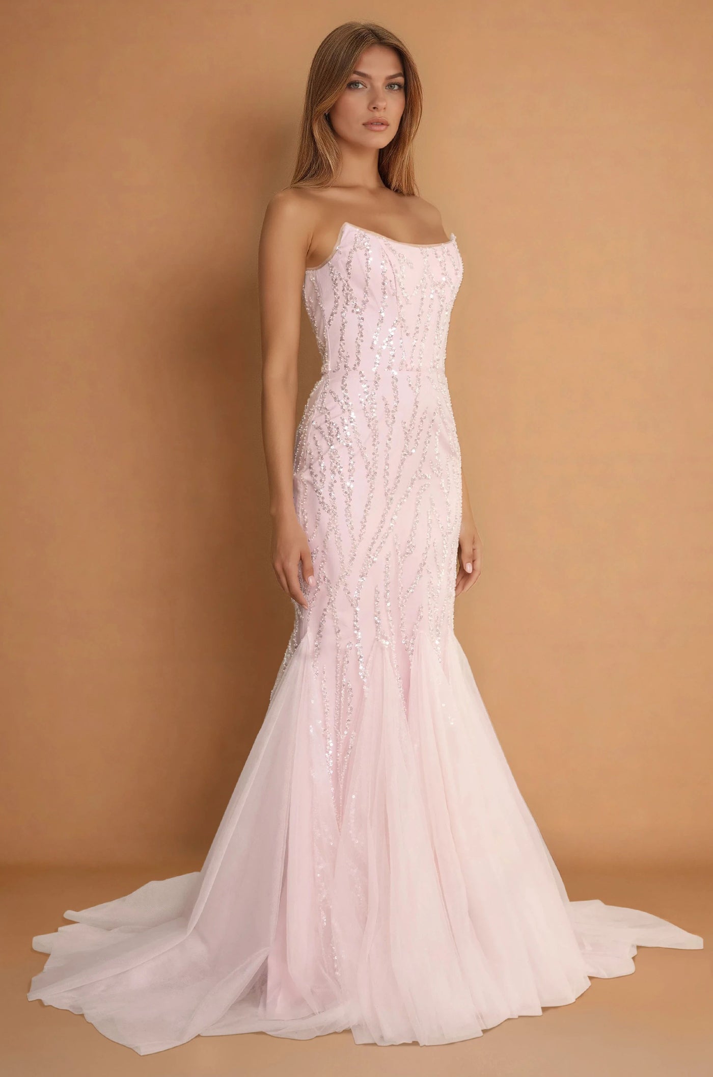 Prom Dresses Long Mermaid Beaded Formal Evening Dress Blush