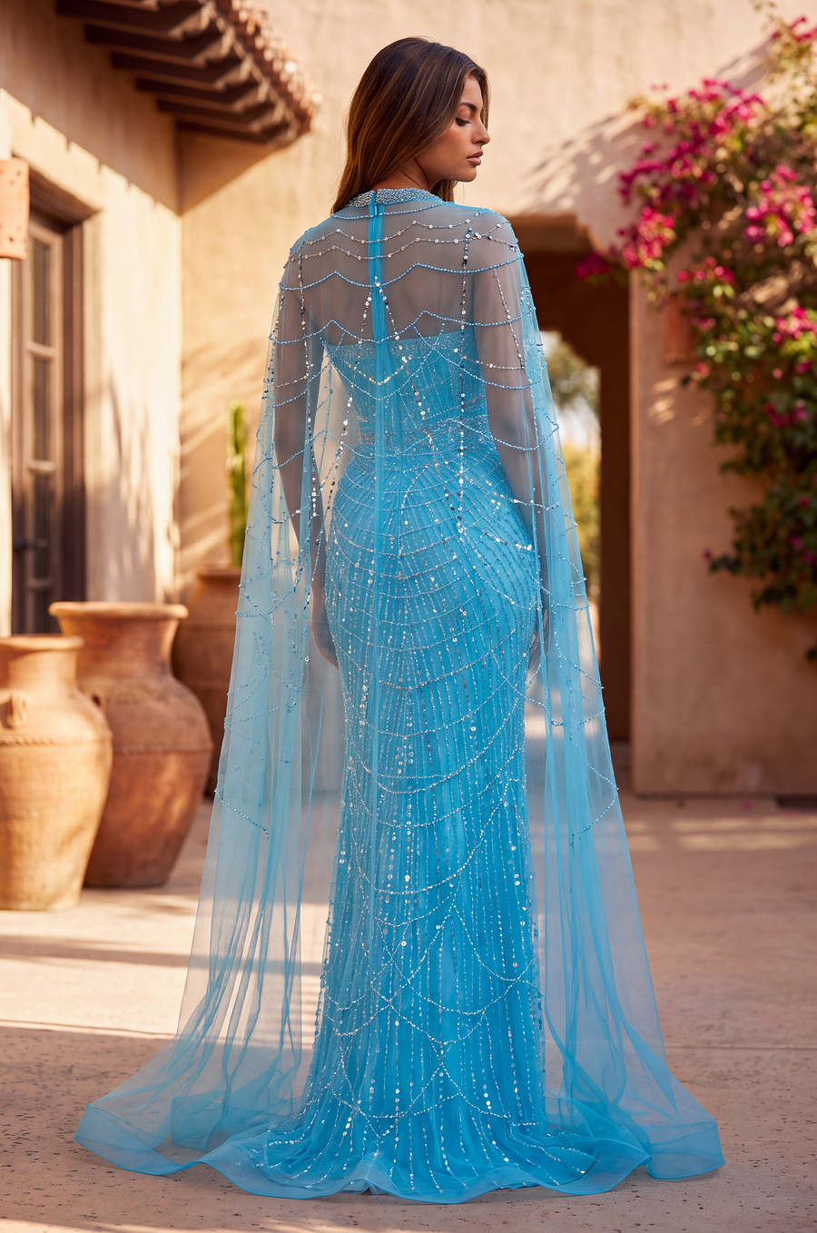Luxe Fully Embellished Cape Dress with Sweetheart Neckline Rhinestones and Pearl Details Wholesale