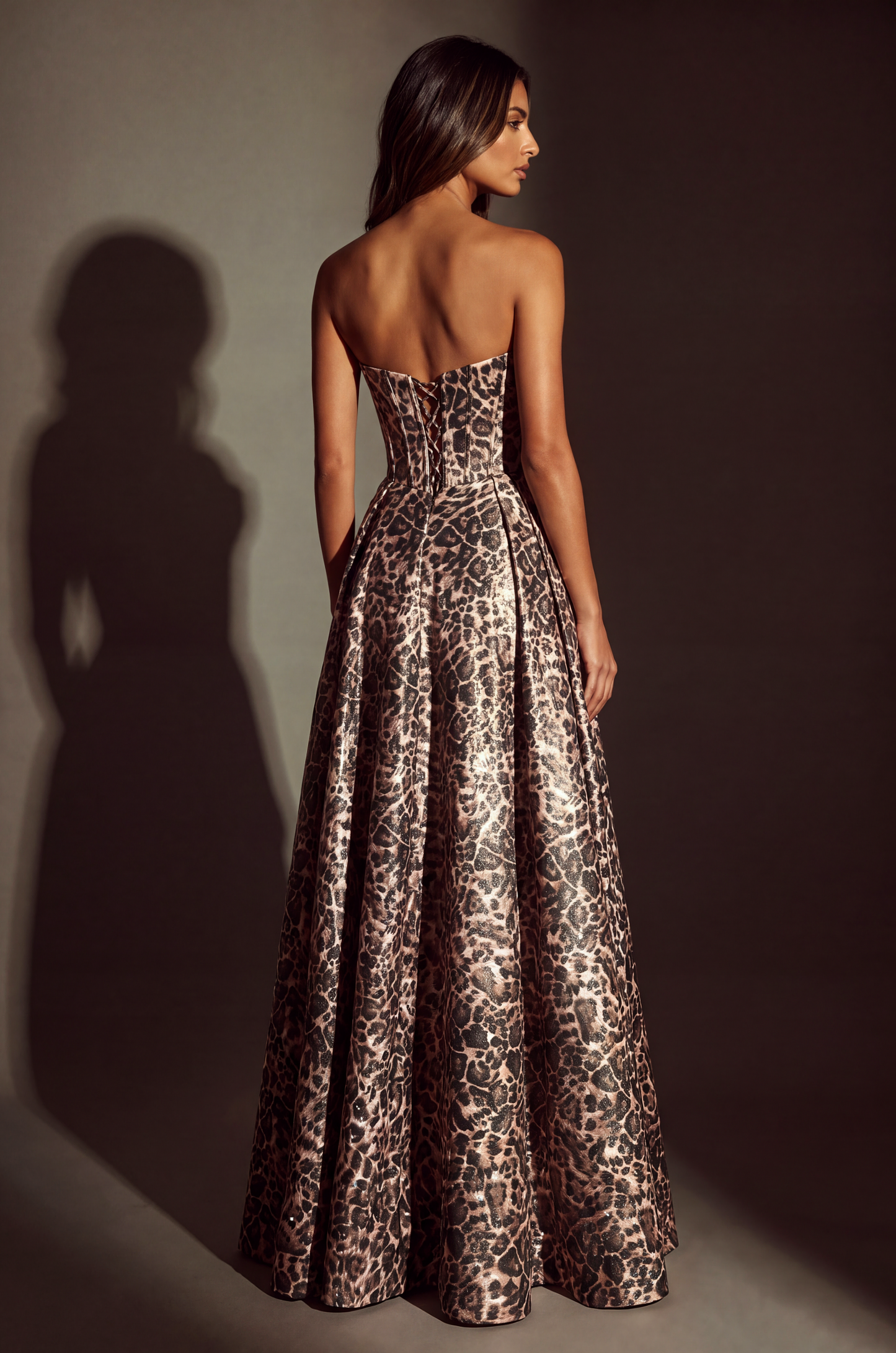 A Line Animal Print Full Length Gown with Adjustable Corset Top