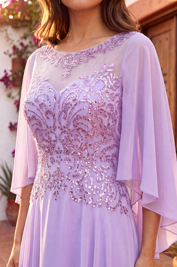Long Mother of the Bride Cape Sleeve Dress Wholesale