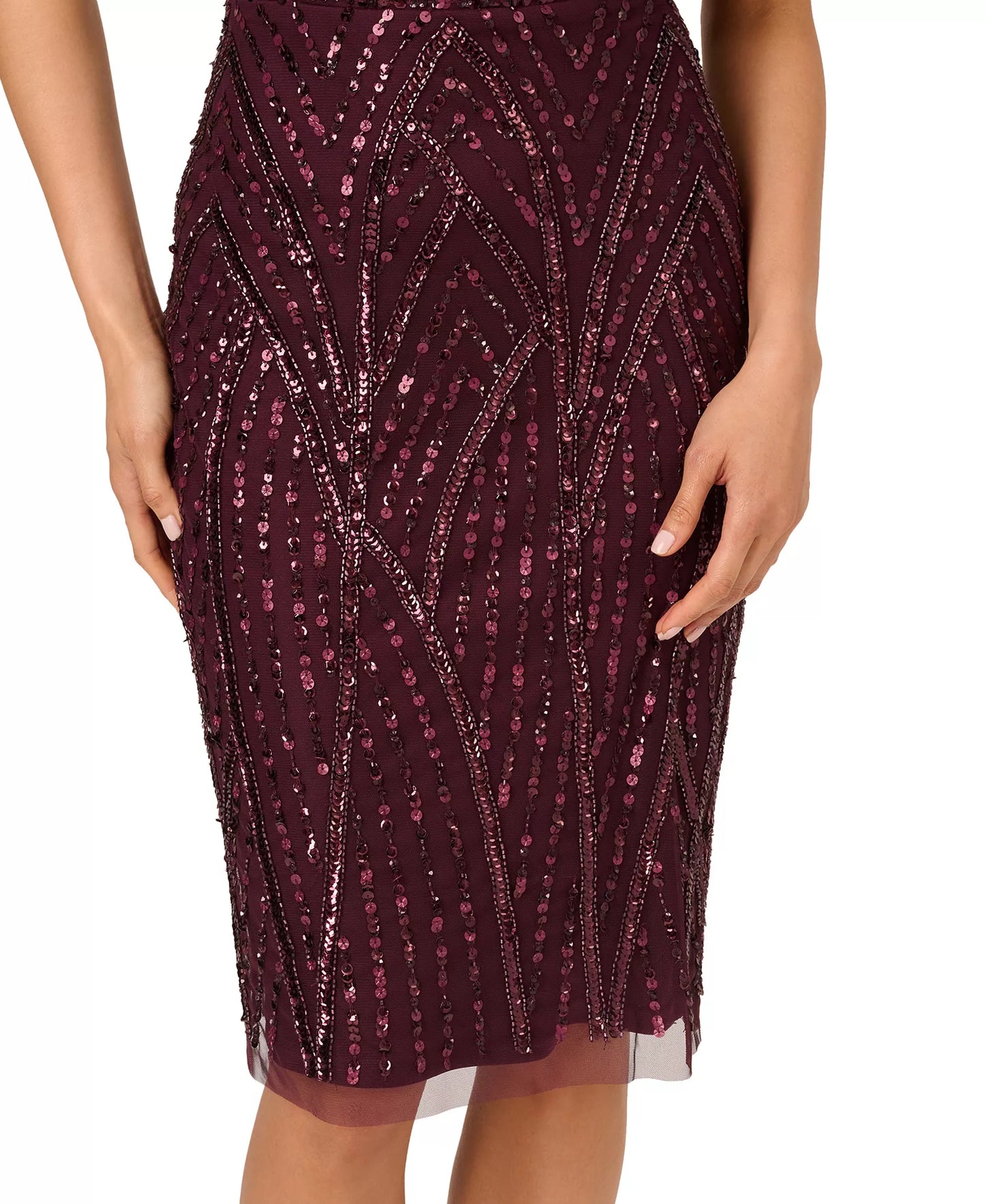 Deep Amethyst Adrianna Papell AP1E211543 V-Neck Short Sequin Cocktail Dress Flutter Sleeve