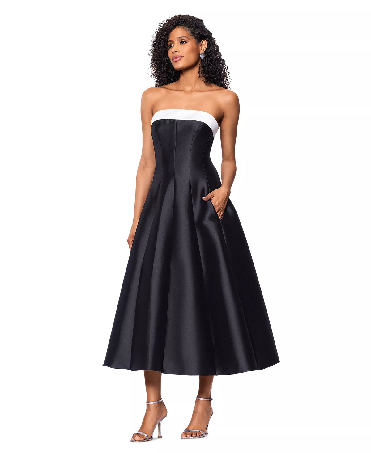 Strapless Straight Neck Tea-Length Satin Formal A-Line Betsy & Adam A27115
