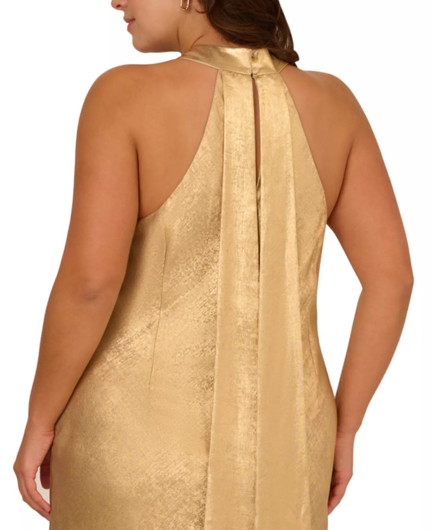 Light Gold Adrianna Papell ADAE211409 Halter Floor-Length Jacquard Formal Metallic Gown