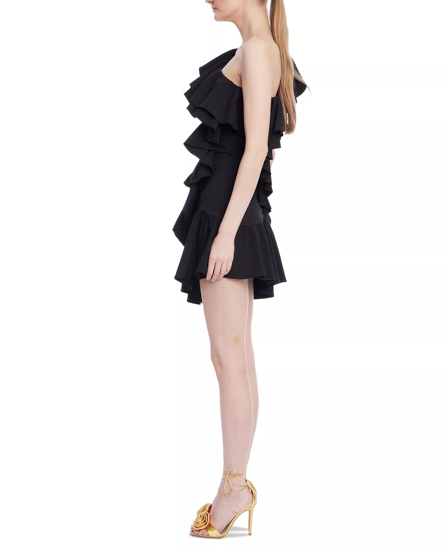 Black One-Shoulder Mini Scuba Cocktail Ruffled Sheath Dress Jewel Badgley Mischka J0103
