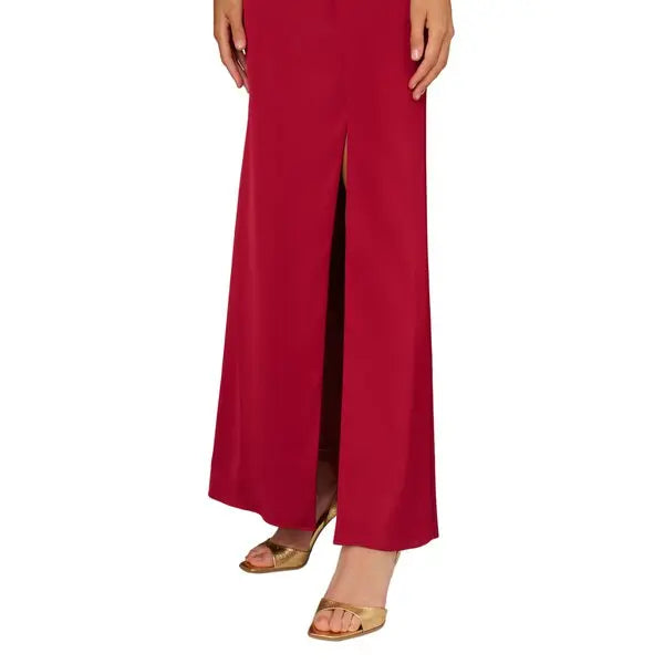Matador Red Aidan Mattox MD1E209743 Bateau Floor-Length Satin Formal High Slit Gown