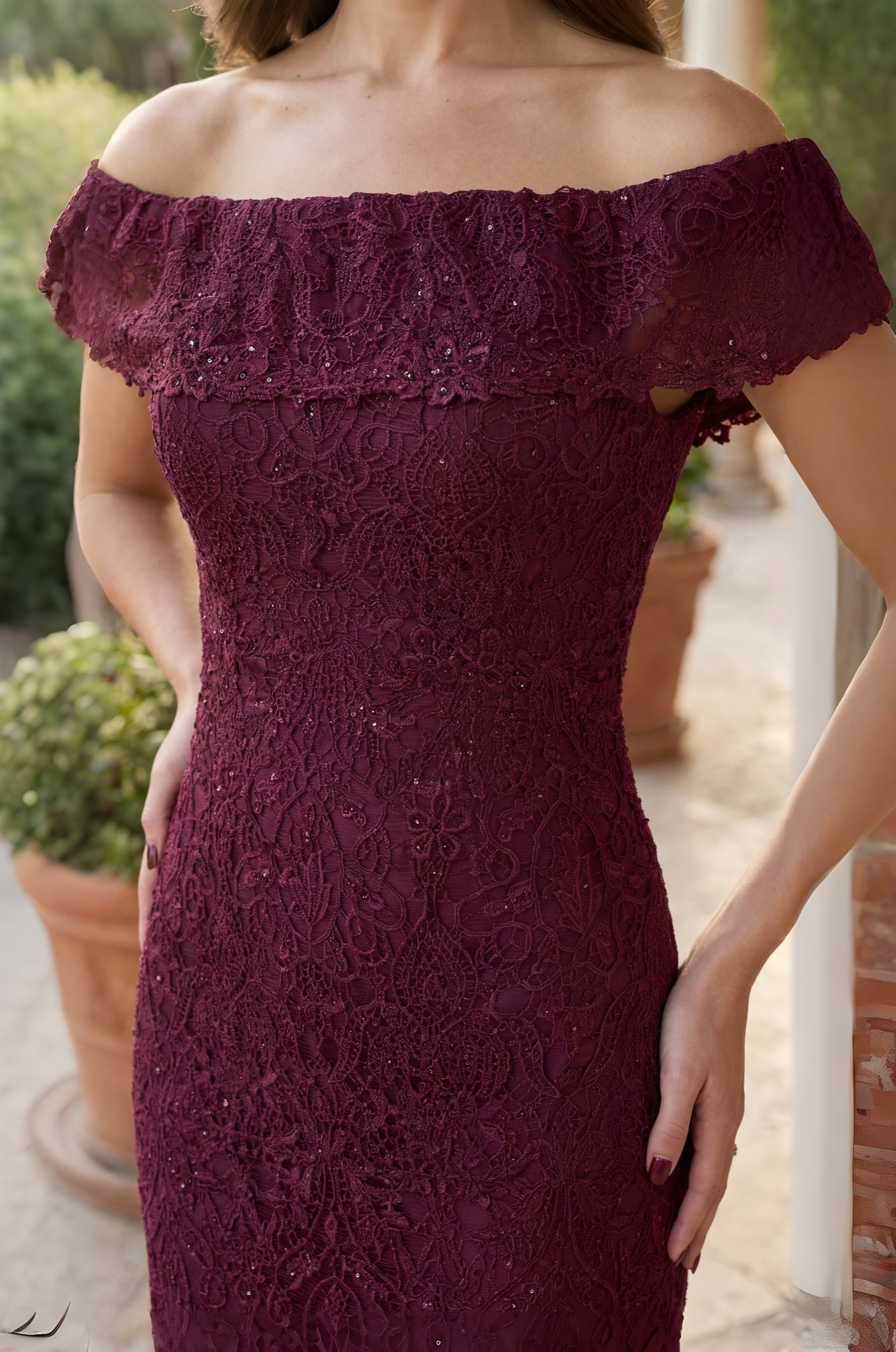 Off Shoulder Lace Formal Evening Dress The Dress Outlet 1472 in Burgundy
