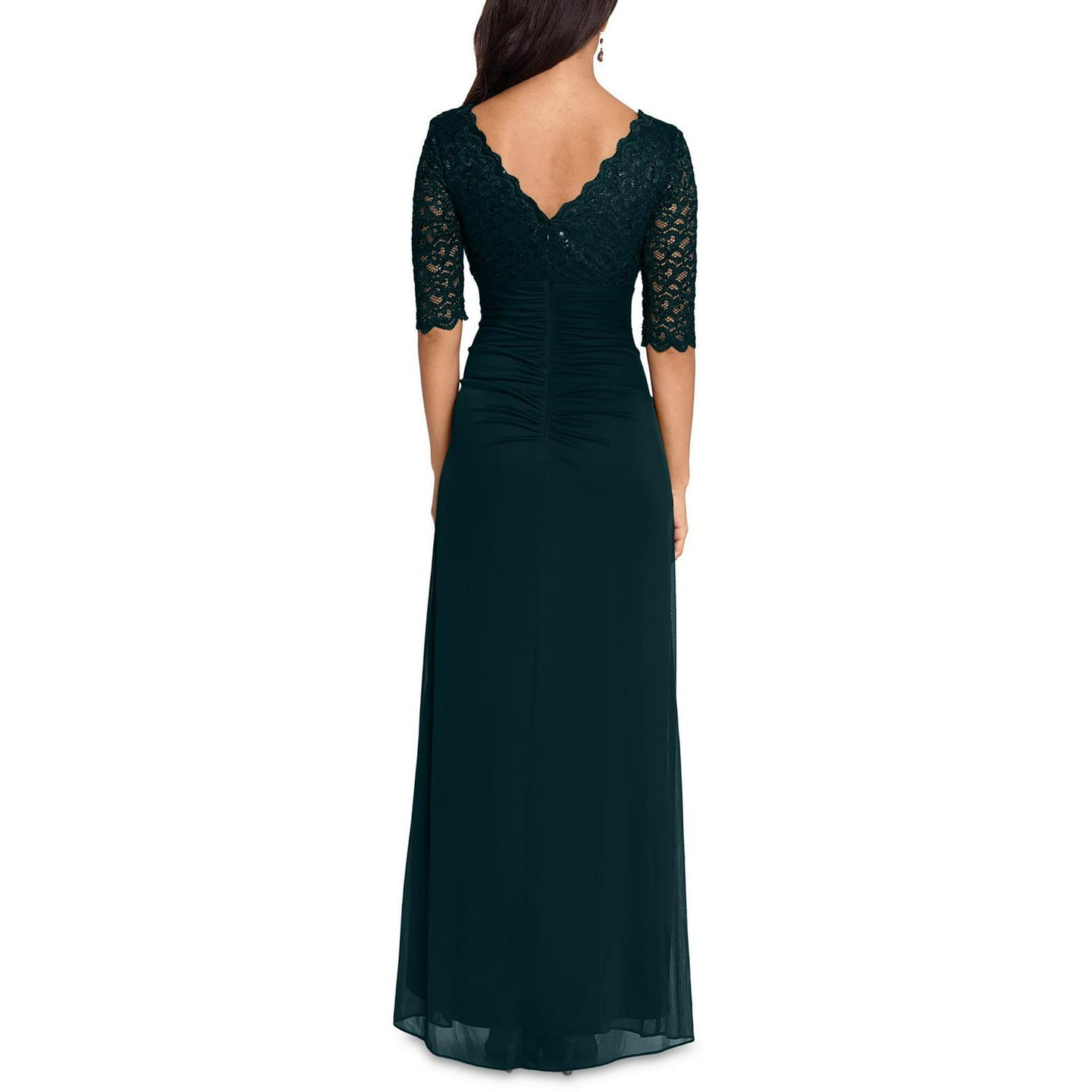 Formal Dresses V-Neck Floor-Length Chiffon Formal A-Line Dress Lace Bodice and 3/4 Sleeves Pine