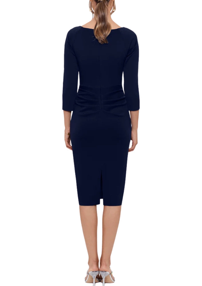 V-Neck 3/4 Sleeve Ruffle Side Sheath Midi Dress Xscape 4994X Wholesale