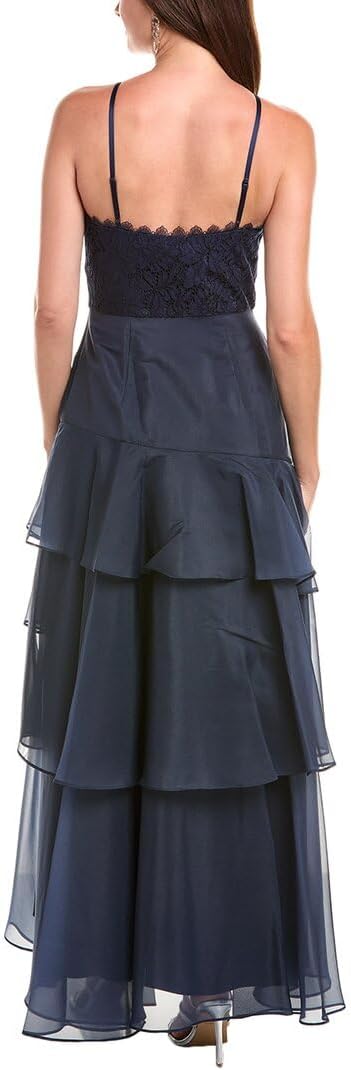 Navy Aidan Mattox MD1E209518 Halter Long Lace Tulle Prom Tiered Gown