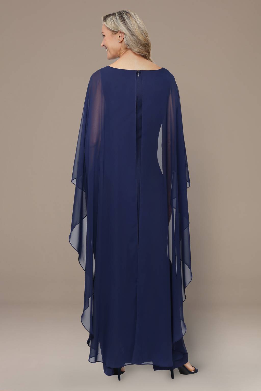 Long Stretch Crepe Column Dress with Heat Set Illusion Neckline and Dramatic Chiffon Ca Alex Evenings 8460591 Wholesale