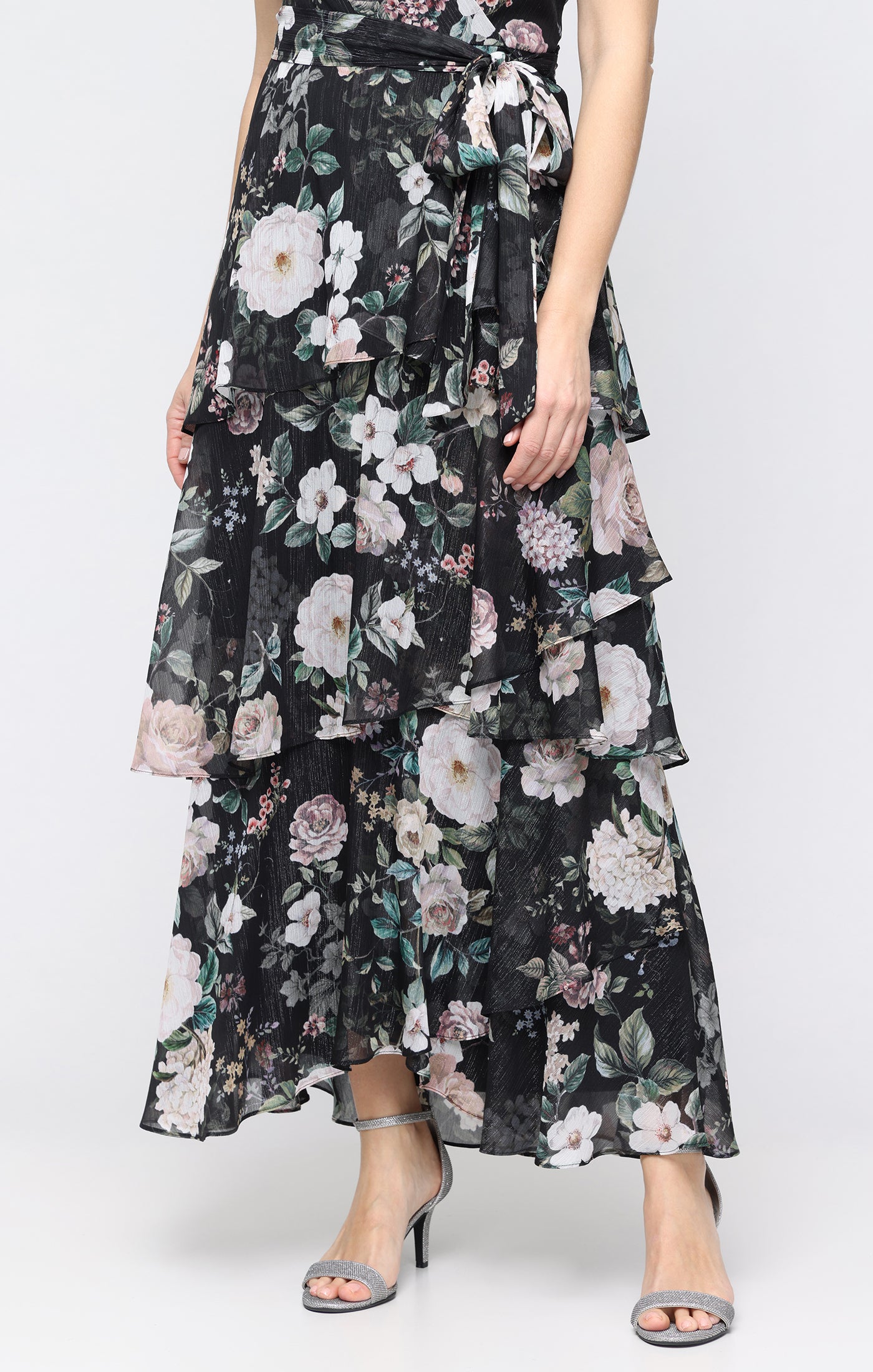Black Multi SL Fashions 9172220 V-Neck Floor-Length Chiffon Cocktail Tiered Dress