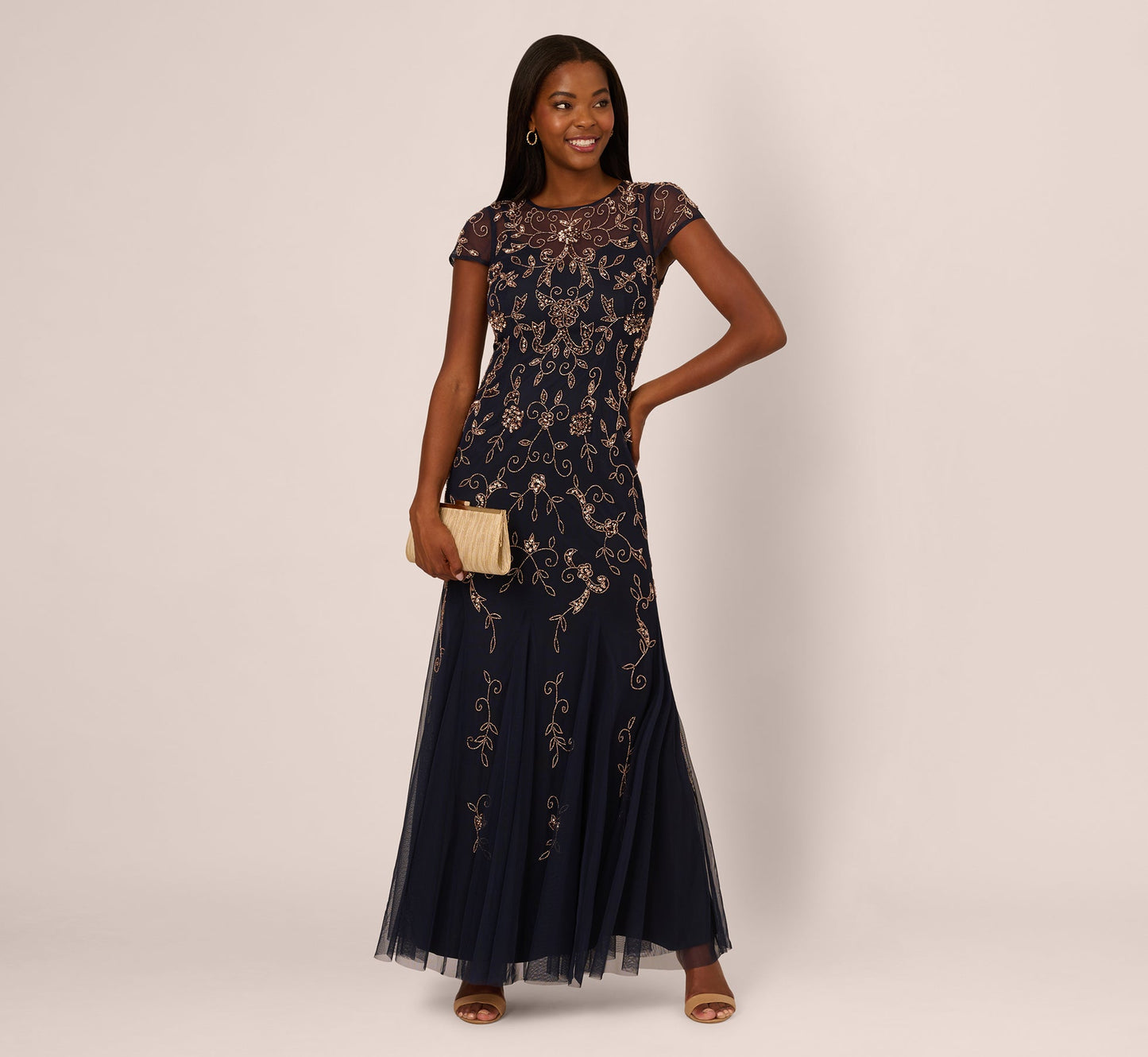 Floral Beaded Godet Gown With Sheer Neck And Short Sleeves