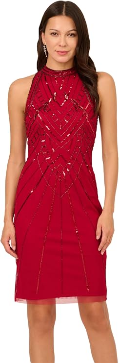 Adrianna Papell Beaded Mock Neck Halter Sheath Dress AD5E212576 Wholesale