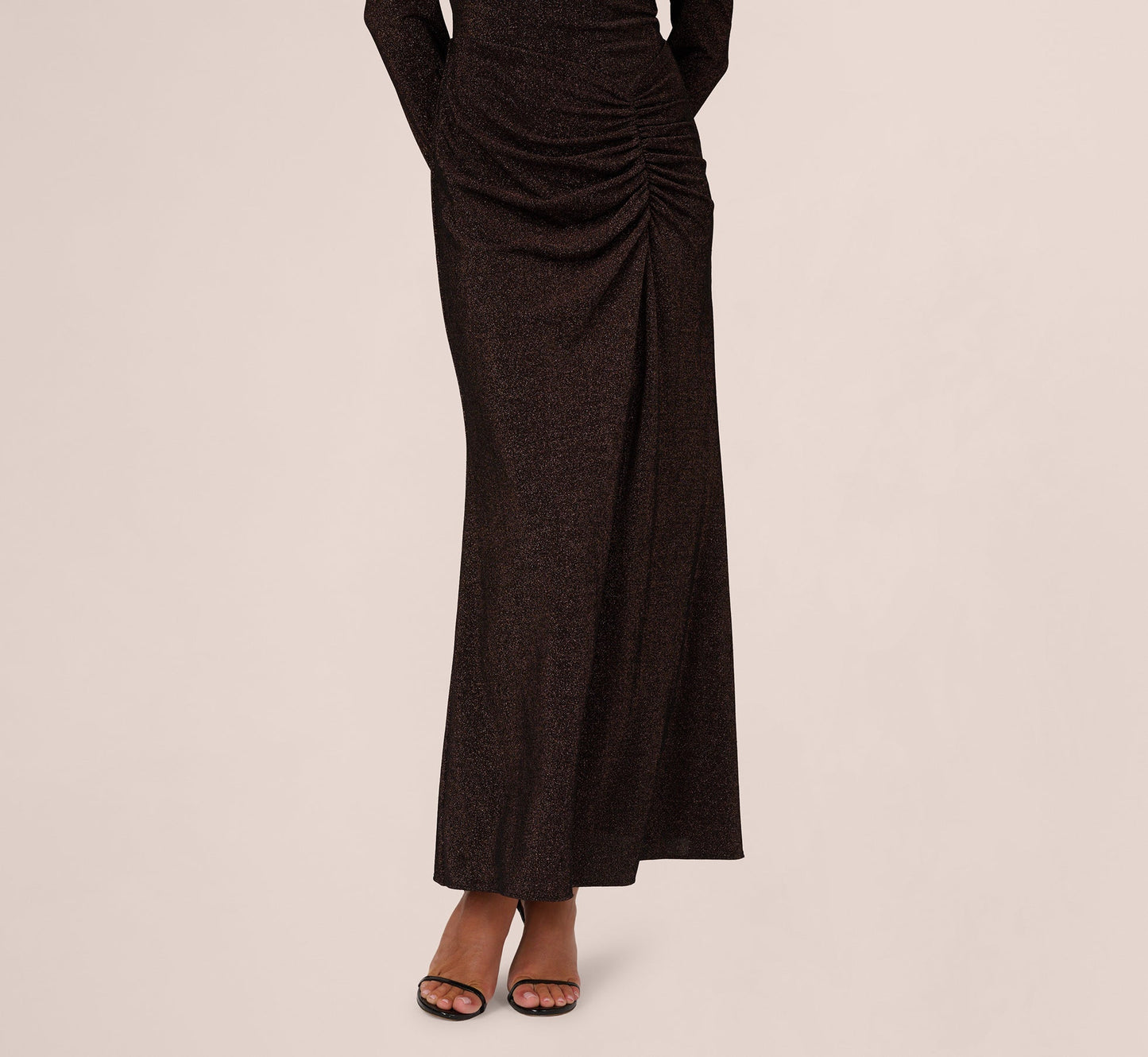 Chocolate Adrianna Papell ADAE212524 Off Shoulder Midi Glitter Cocktail Sheath Dress