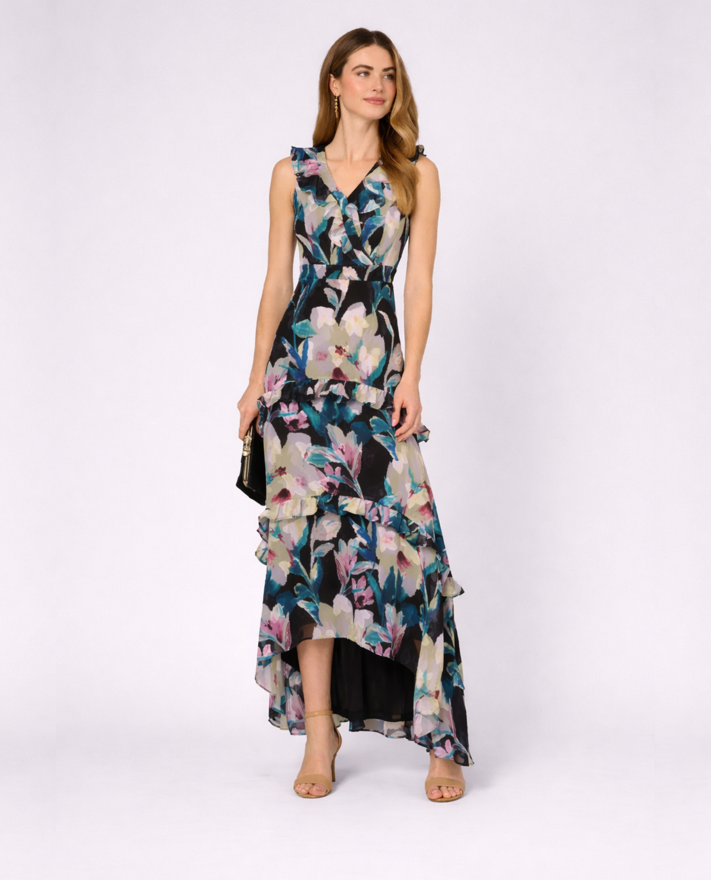 Sleeveless Floral Chiffon High Low Ruffle Gown