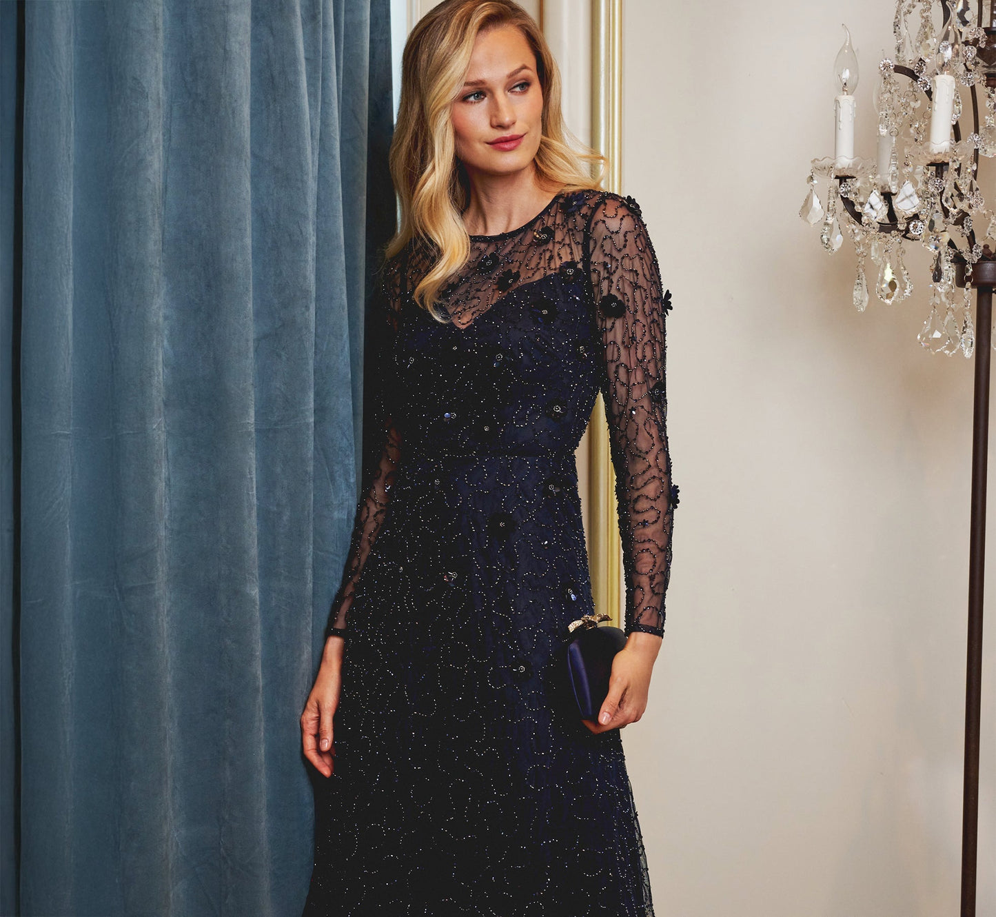 Long Sleeve Illusion Floral Beaded Midi Dress