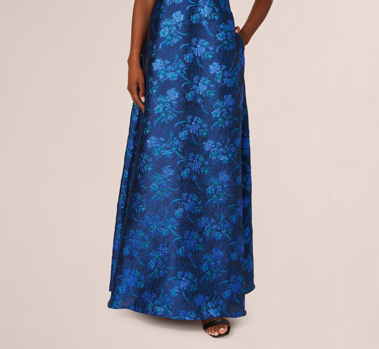 Navy Blue Adrianna Papell AP1E212479 Off-the-Shoulder Long Jacquard Formal Floral Gown