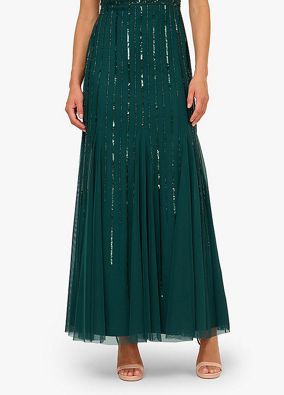 Gem Green Adrianna Papell AD5E210861 V-Neck Long Mesh Formal Gown A-Line