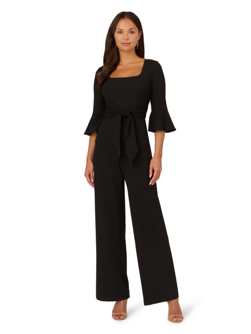 Knit Crepe Wide Leg Jumpsuit With Bell Sleeves