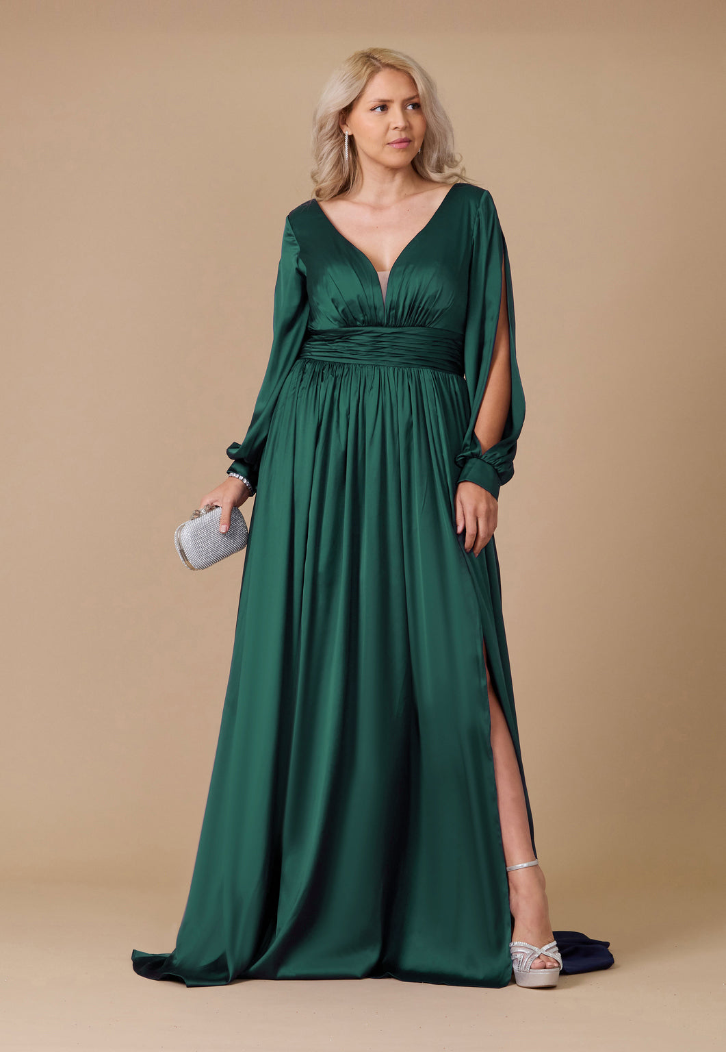 Long Open Sleeve Satin Formal Dress Wholesale