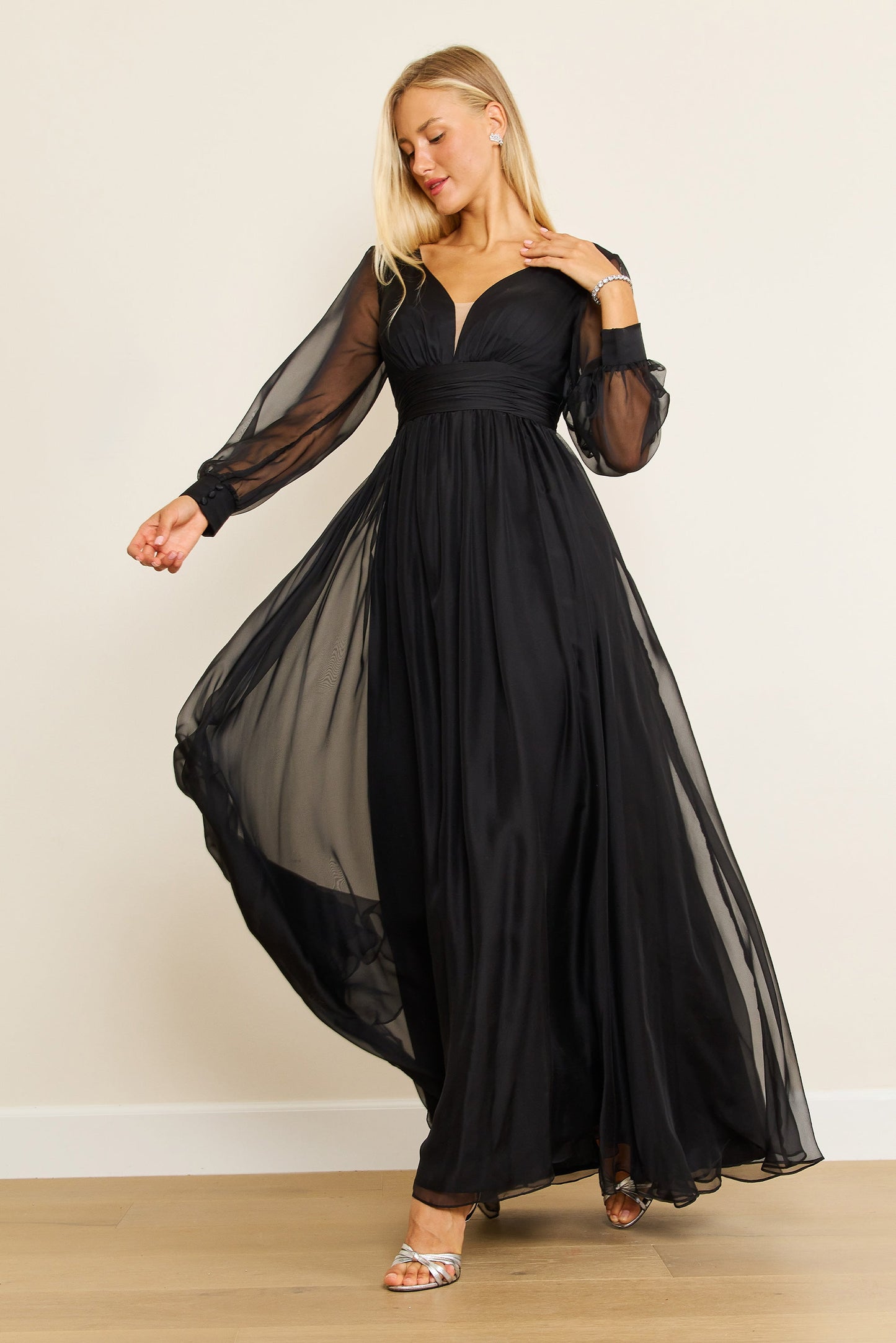 Long Sleeve Chiffon Black Formal Dress Wholesale