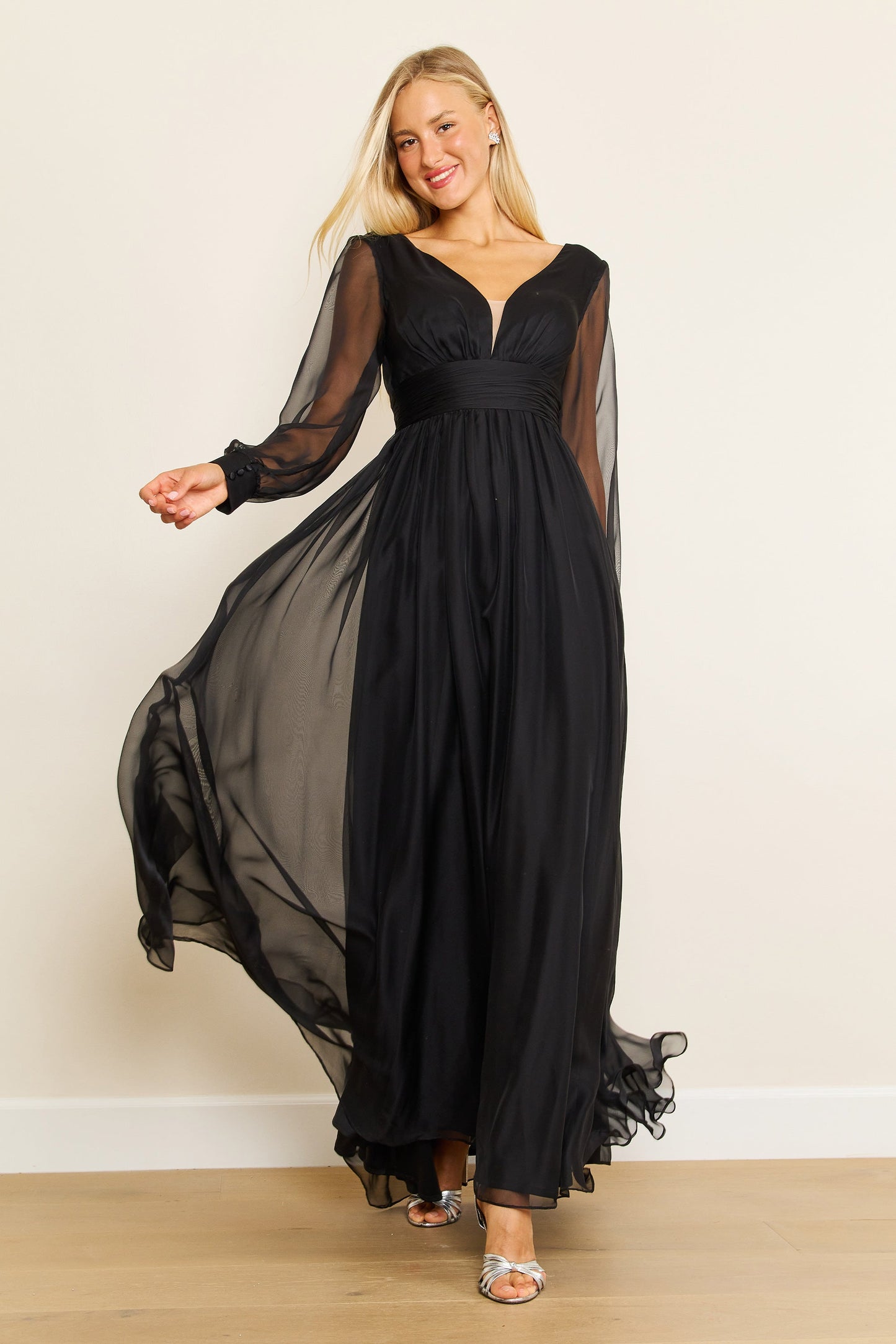 Long Sleeve Chiffon Black Formal Dress Wholesale