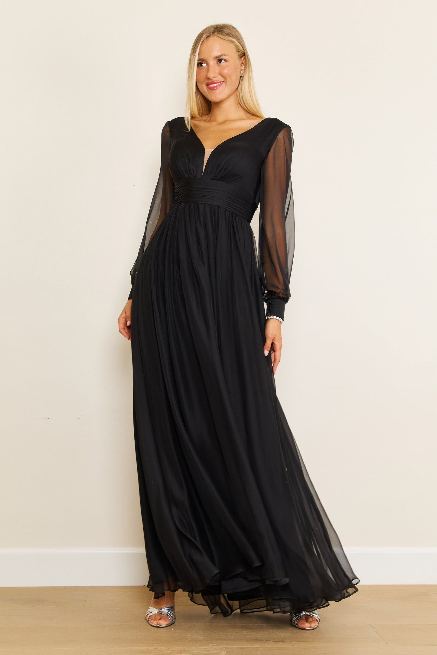 Long Sleeve Chiffon Black Formal Dress Wholesale