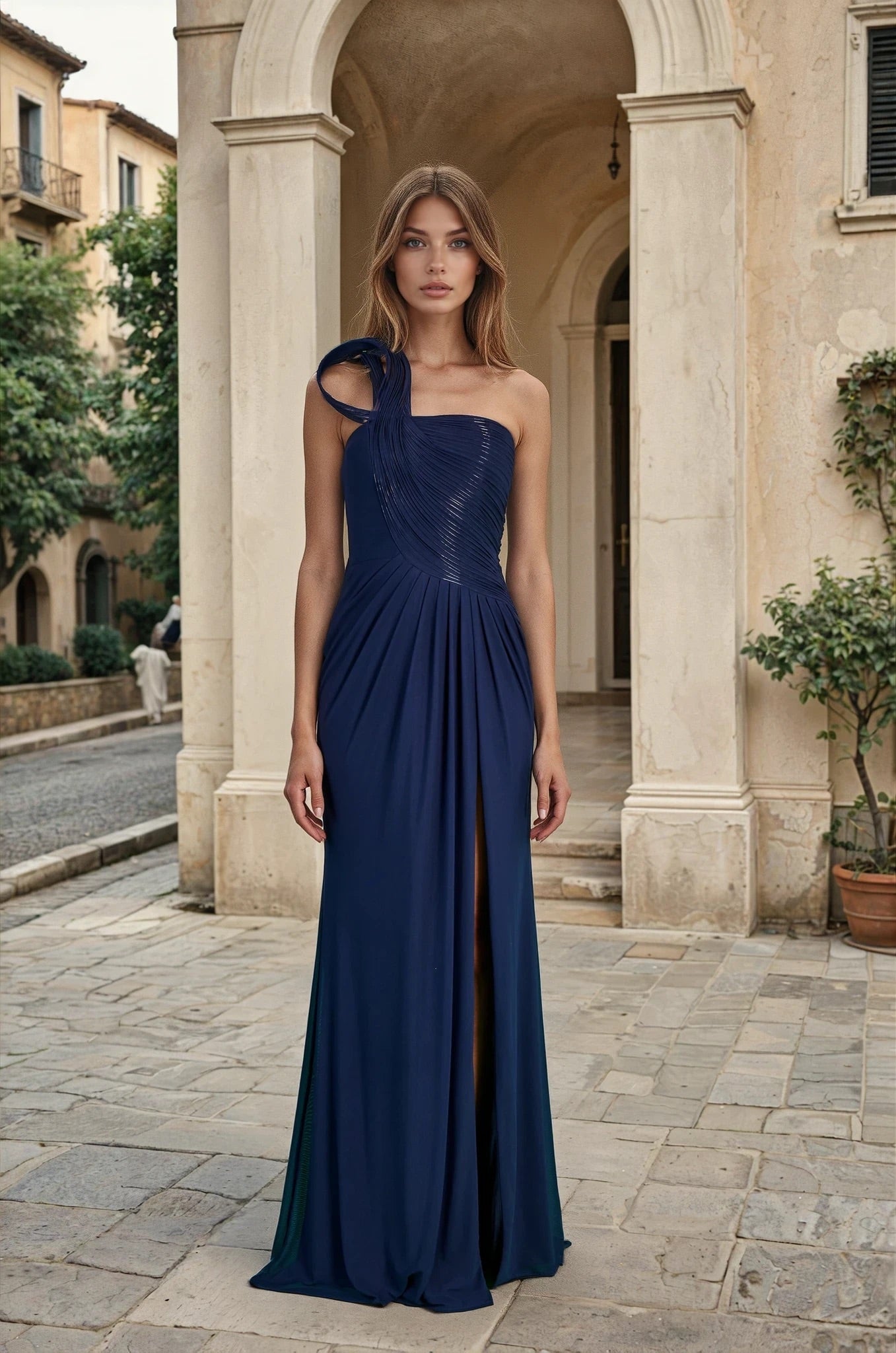 Formal Dresses Sculpted Shoulder Formal Evening Dress Navy