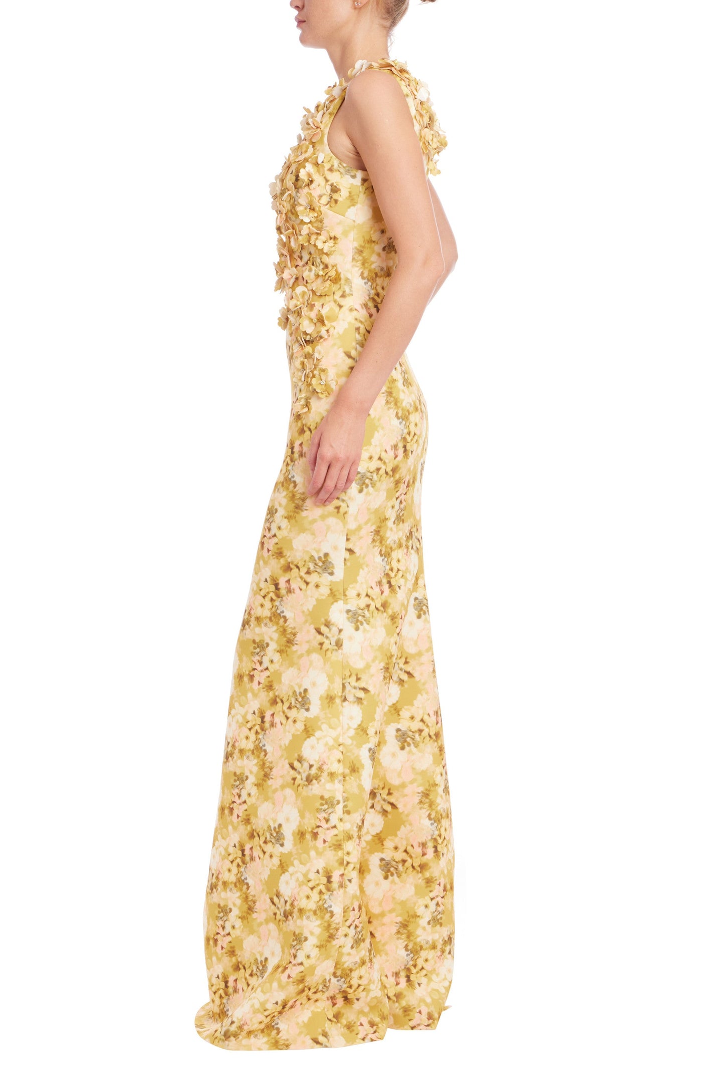 Yellow Multi Jewel Neck Floor-Length Mikado Formal Sheath Dress 3D Floral Appliqué Badgley Mischka EG4449