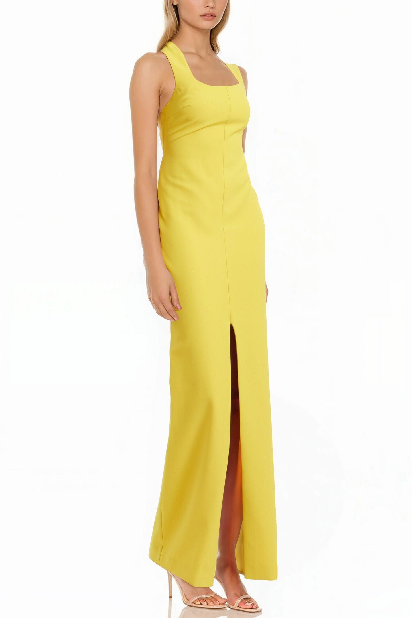 Yellow Square Neck Floor-Length Crepe Formal Sheath Dress Front Slit Jewel Badgley Mischka J0192A
