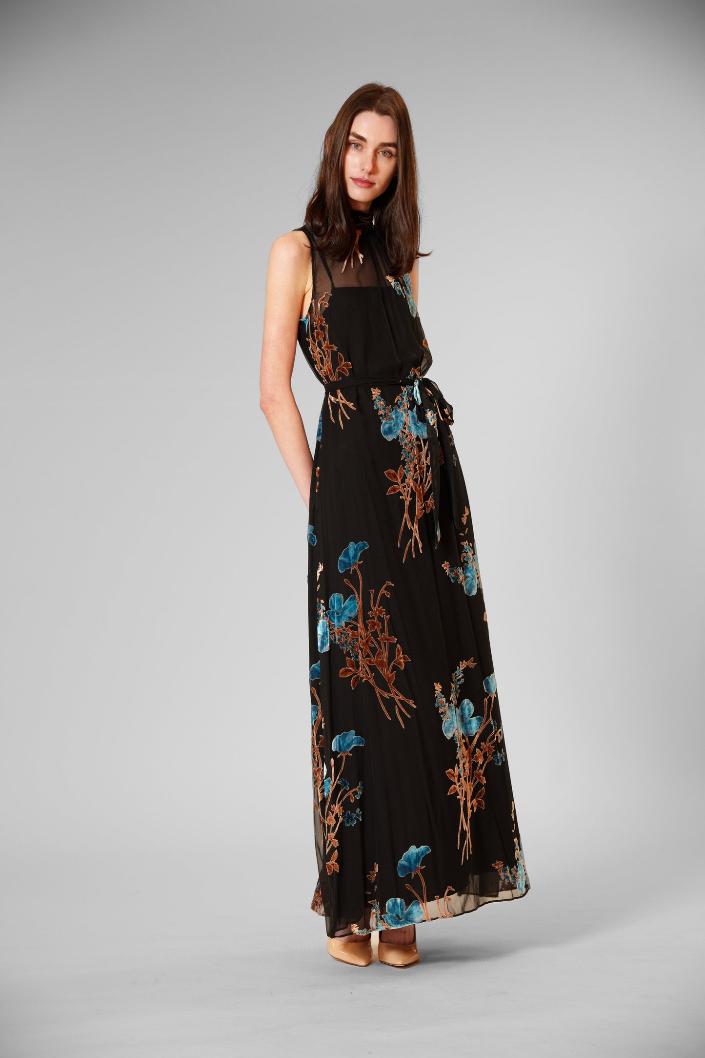 Velvet Print Overlay Gown with Tie Neck Julia Jordan JJ41454 Wholesale