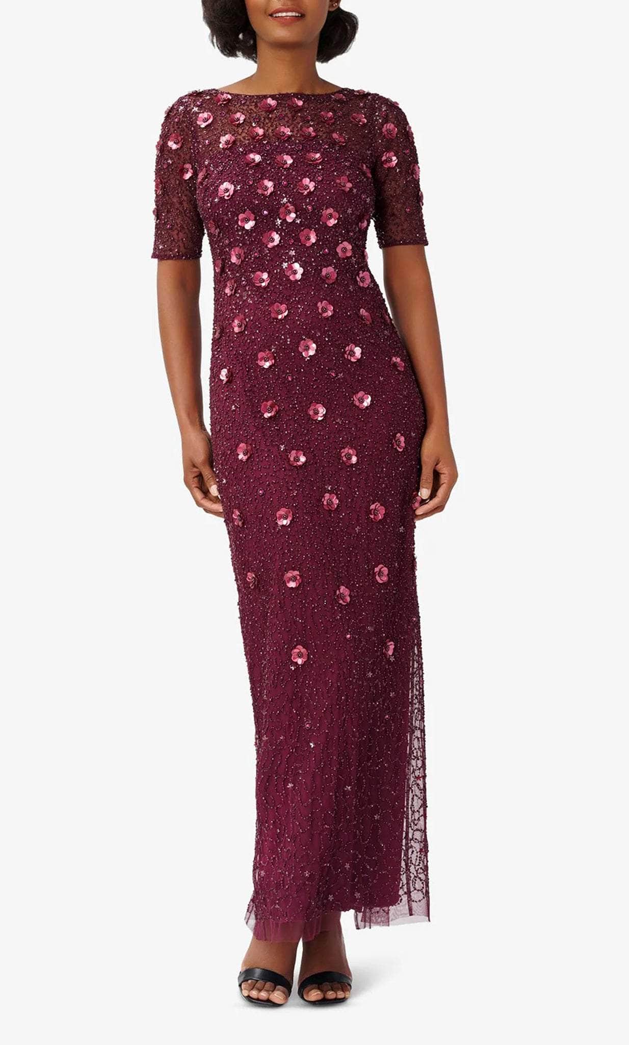 Long Hand Beaded 3D Floral Dress With Elbow Sleeves