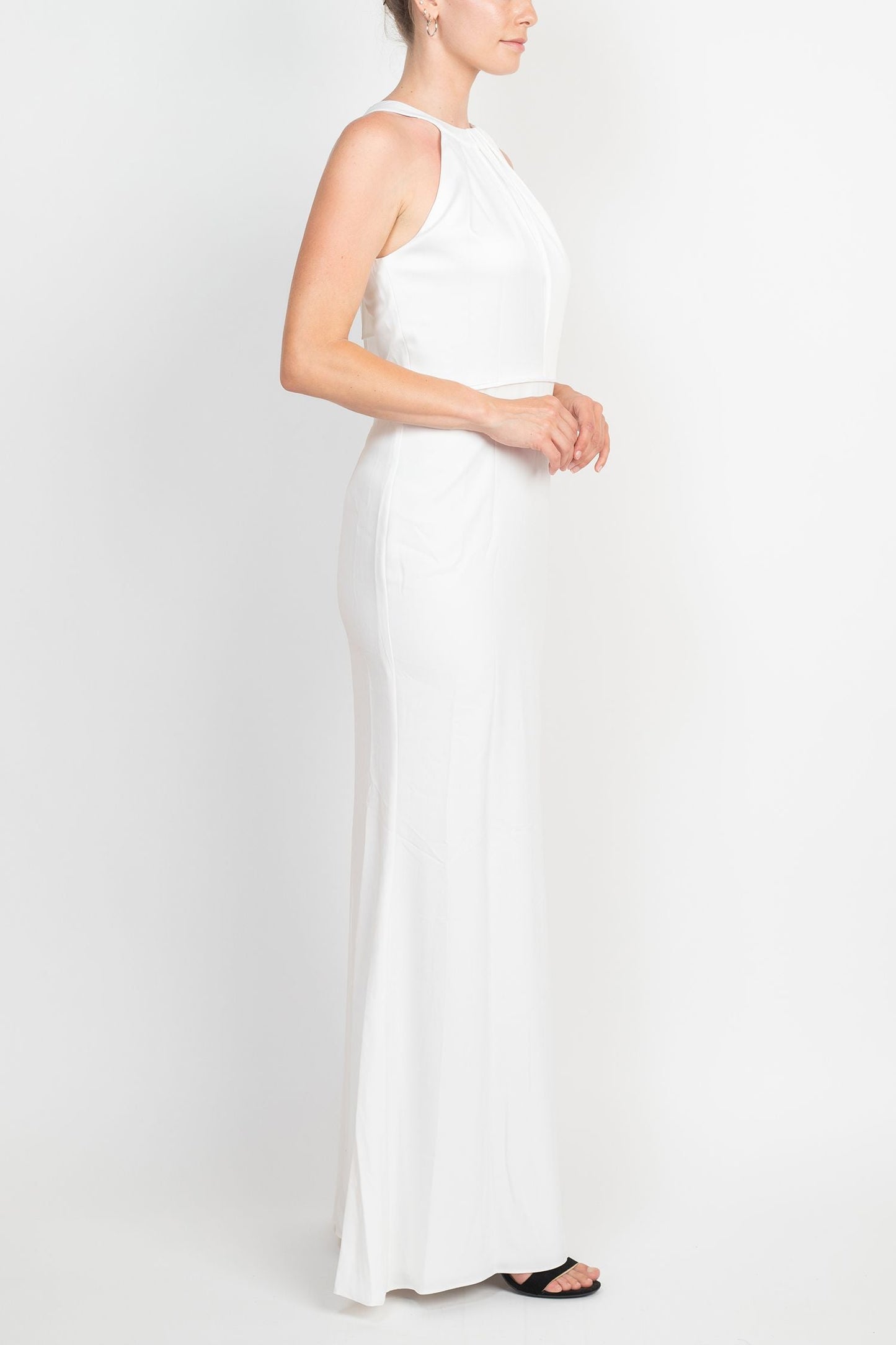 Prom Dresses Halter Neck Sleeveless Prom Bodycon Solid Crepe Dress IVORY
