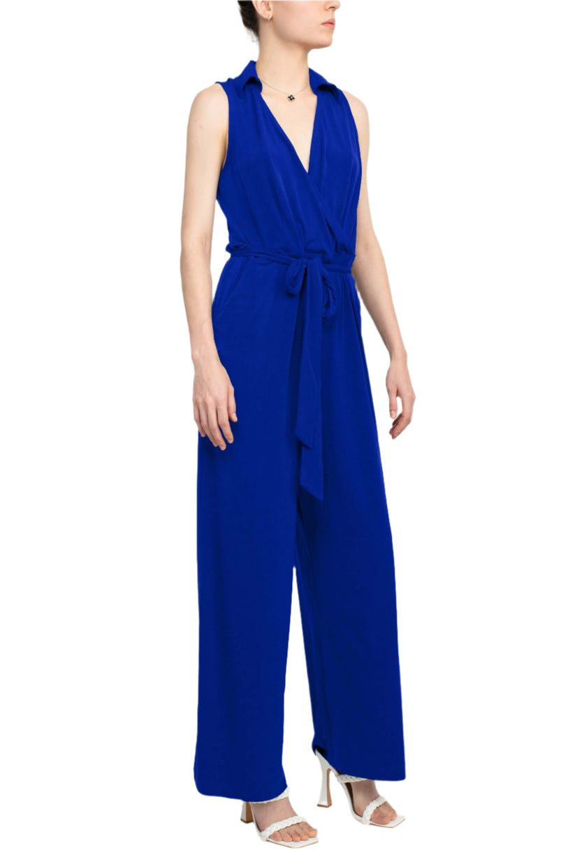 Jumpsuit Long Formal Collared Tie Waist Jumpsuit Cobalt