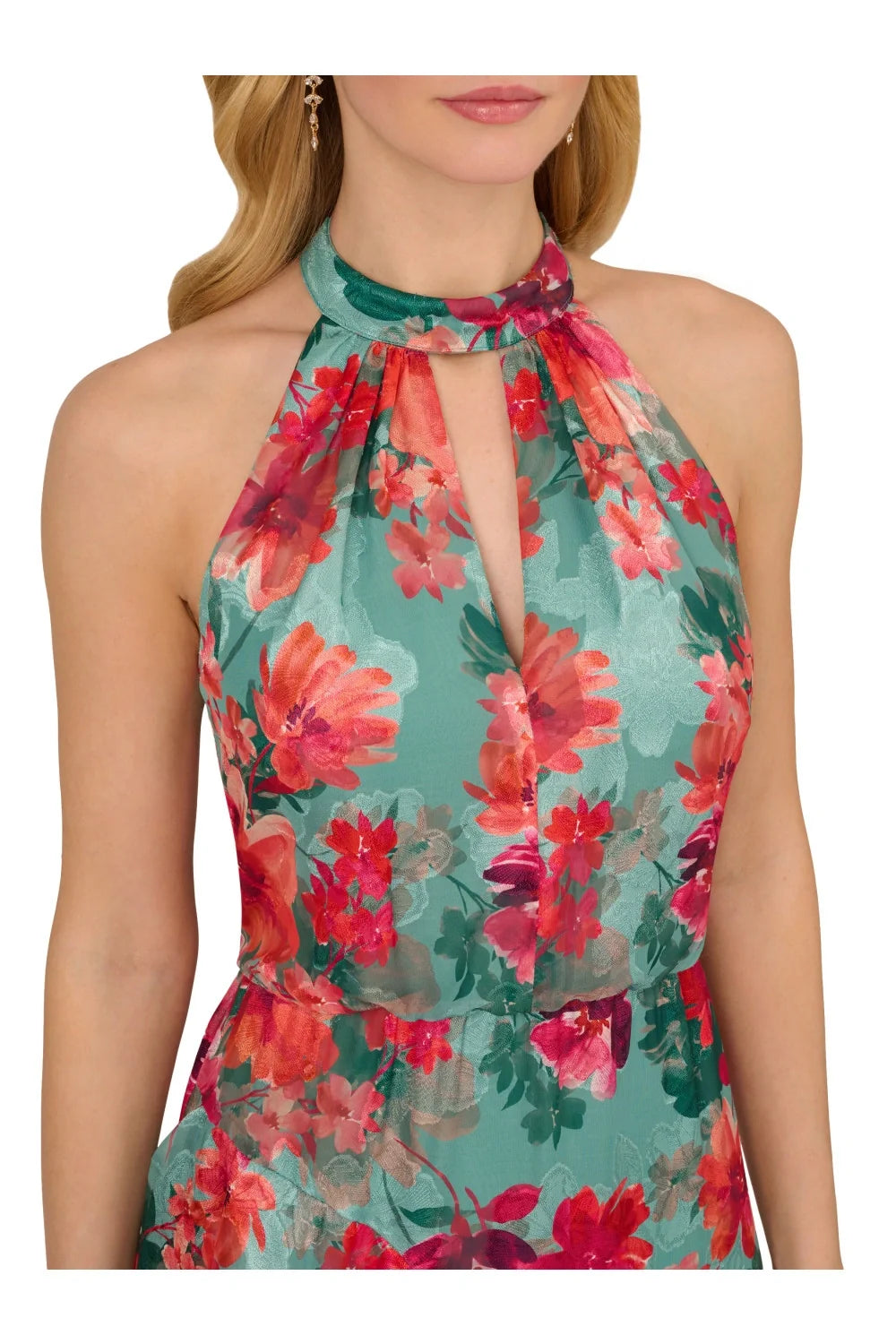 Turquoise Multi Adrianna Papell AP1E211060 Halter Floor-Length Chiffon Formal Dress High Slit