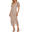 Adrianna Papell AP1E212716 Flutter Sleeve Beaded Fringe Midi Dress