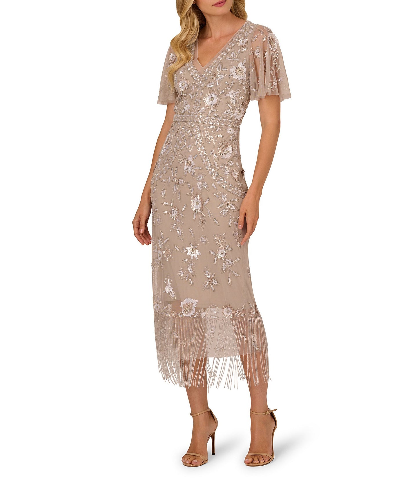 Adrianna Papell AP1E212716 Flutter Sleeve Beaded Fringe Midi Dress
