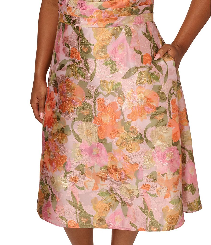 Yellow/Orange Adrianna Papell AP1E211911 V-Neck Knee-Length Organza Cocktail Floral Dress