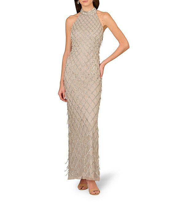 Silver Aidan Mattox MD1E209368 Halter Long Mesh Prom Beaded Dress