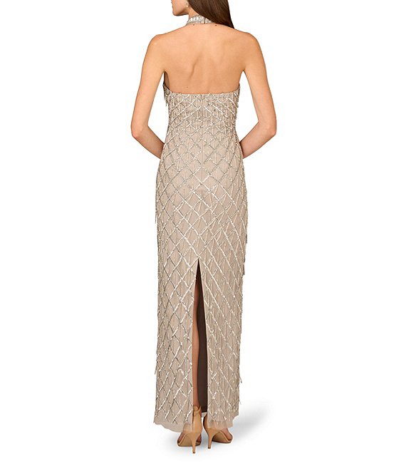 Silver Aidan Mattox MD1E209368 Halter Long Mesh Prom Beaded Dress