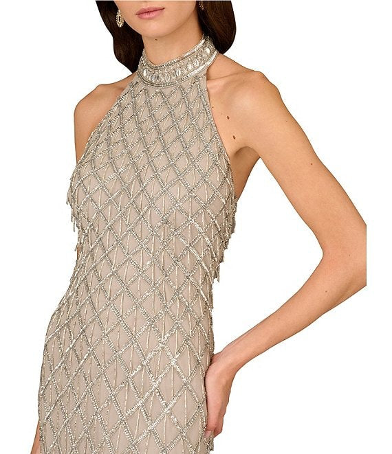 Silver Aidan Mattox MD1E209368 Halter Long Mesh Prom Beaded Dress