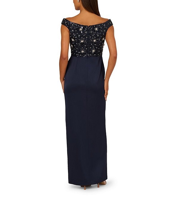 Twilight Aidan Mattox MD1E209365 Off Shoulder Long Sequin Crepe Formal Slit Gown