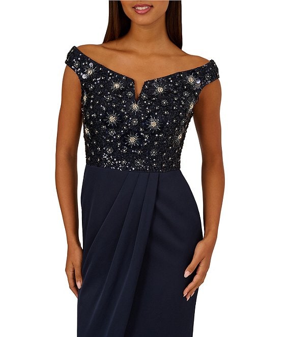Twilight Aidan Mattox MD1E209365 Off Shoulder Long Sequin Crepe Formal Slit Gown