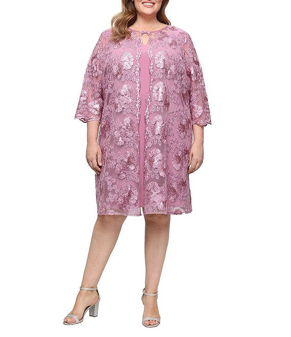 Short Embroidered Mock Jacket Dress with Attached Jacket, Scallop Detail Alex Evenings 84171960 Wholesale