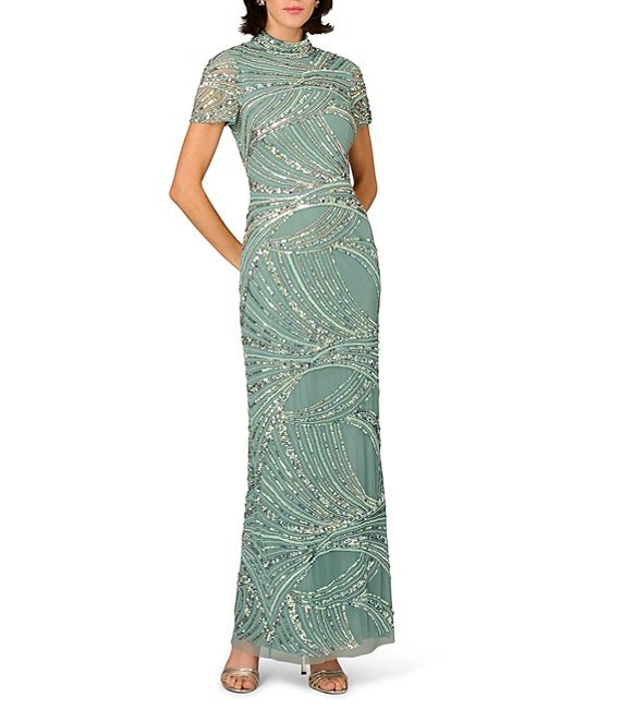 Green Slate Aidan Mattox MD1E209829 High-Neck Long Sequin Evening Back Slit